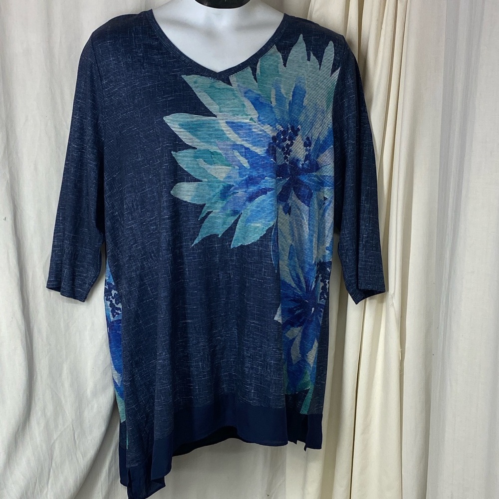 CJ Banks 2x Slub Tunic Top Bold Floral Flower Asymmetrical Hem Knit Chiffon Hem